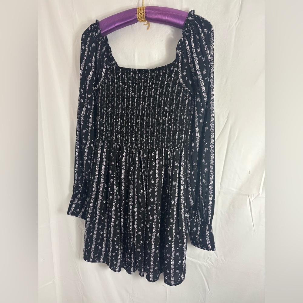 PAIGE Black Floral Long Sleeve Cottage-core Smock Bust Mini Dress Size S